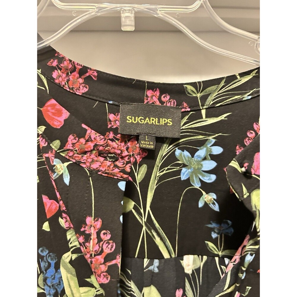 SUGARLIPS Madeline Groover Black  Floral Midi Dress Button Cinch Waist Large - Picture 4 of 9